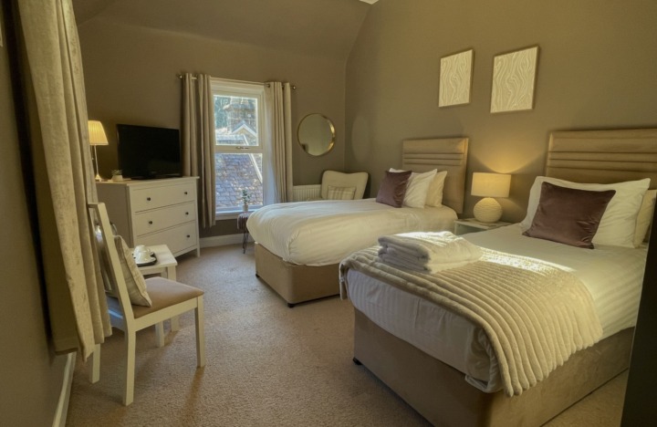 room 1 full view of room, warm brown walls, two single beds and chairs to relax on